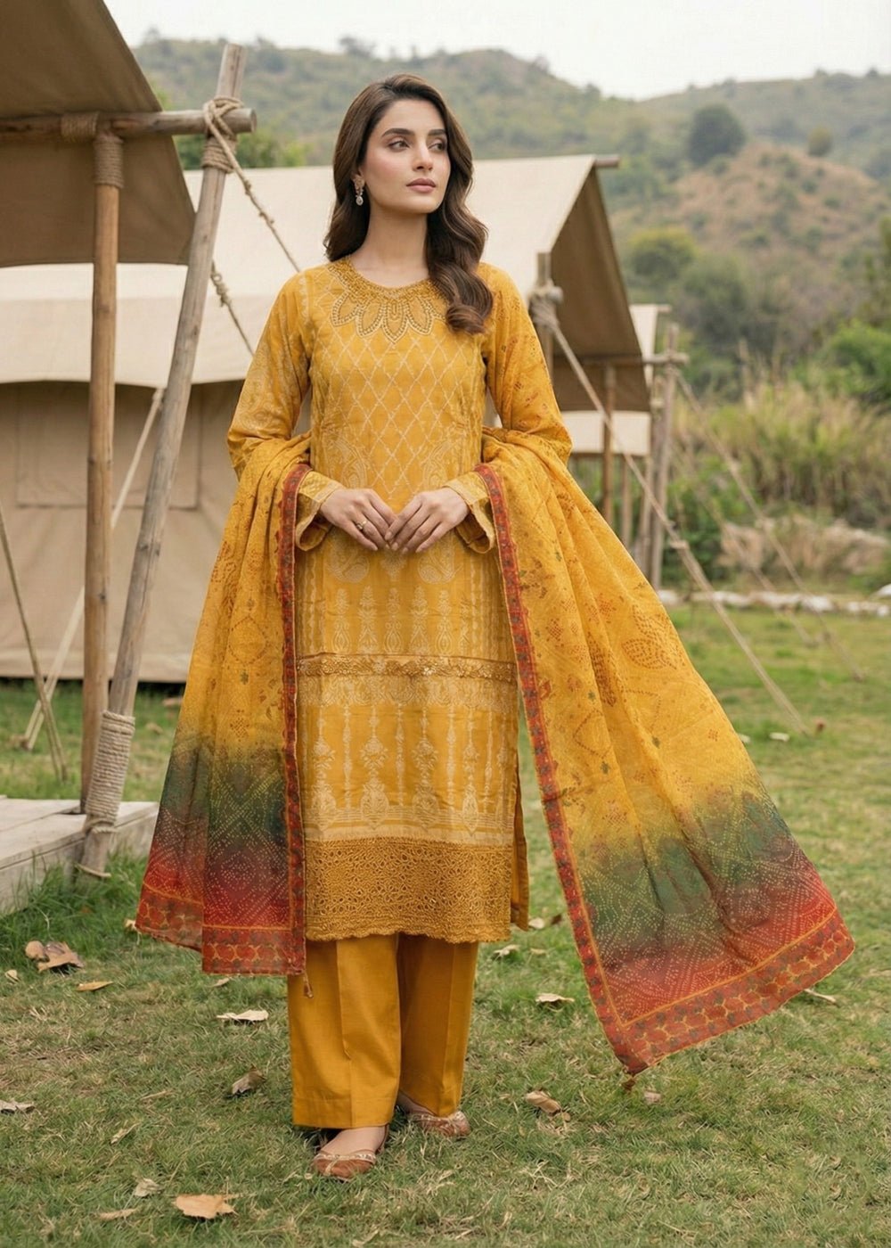 Diara Couture | Eid Lawn 26 | PEARL - ZD-17-Brand:Diara Couture-Type:Ladies Clothes-Mustard-Jacquard-House of Maryam- Buy in UK, USA