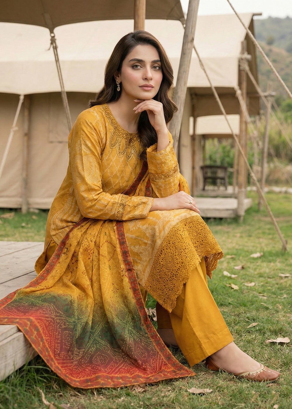 Diara Couture | Eid Lawn 26 | PEARL - ZD-17-Brand:Diara Couture-Type:Ladies Clothes-Mustard-Jacquard-House of Maryam- Buy in UK, USA