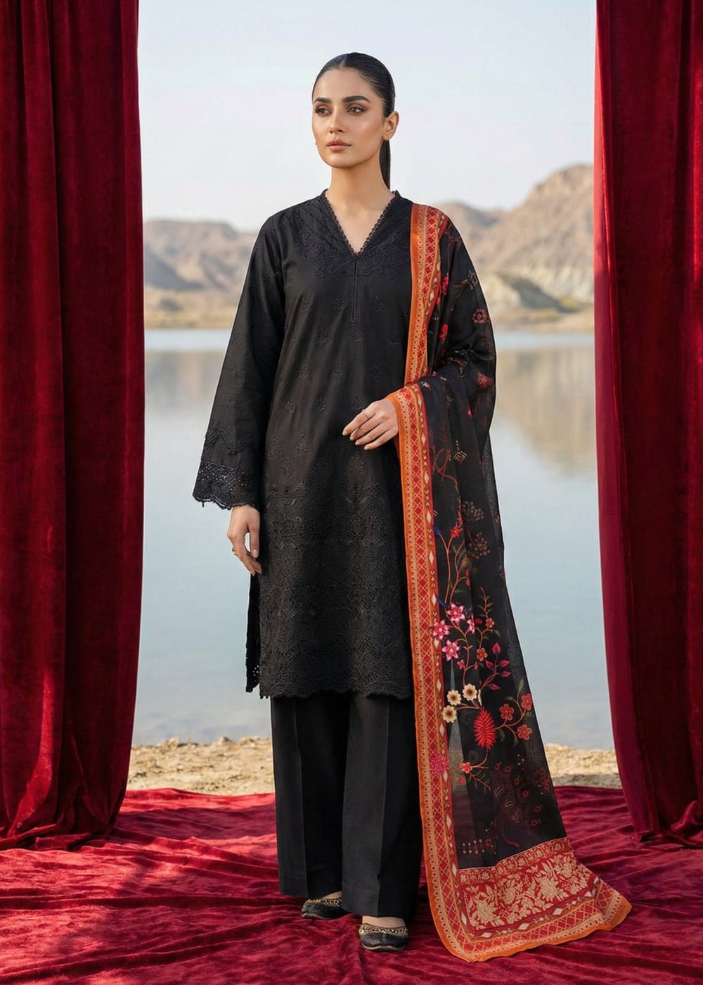 Diara Couture | Eid Lawn 26 | ZELI - ZD-5060-Brand:Diara Couture-Type:Ladies Clothes-Black-Cotton-House of Maryam- Buy in UK, USA