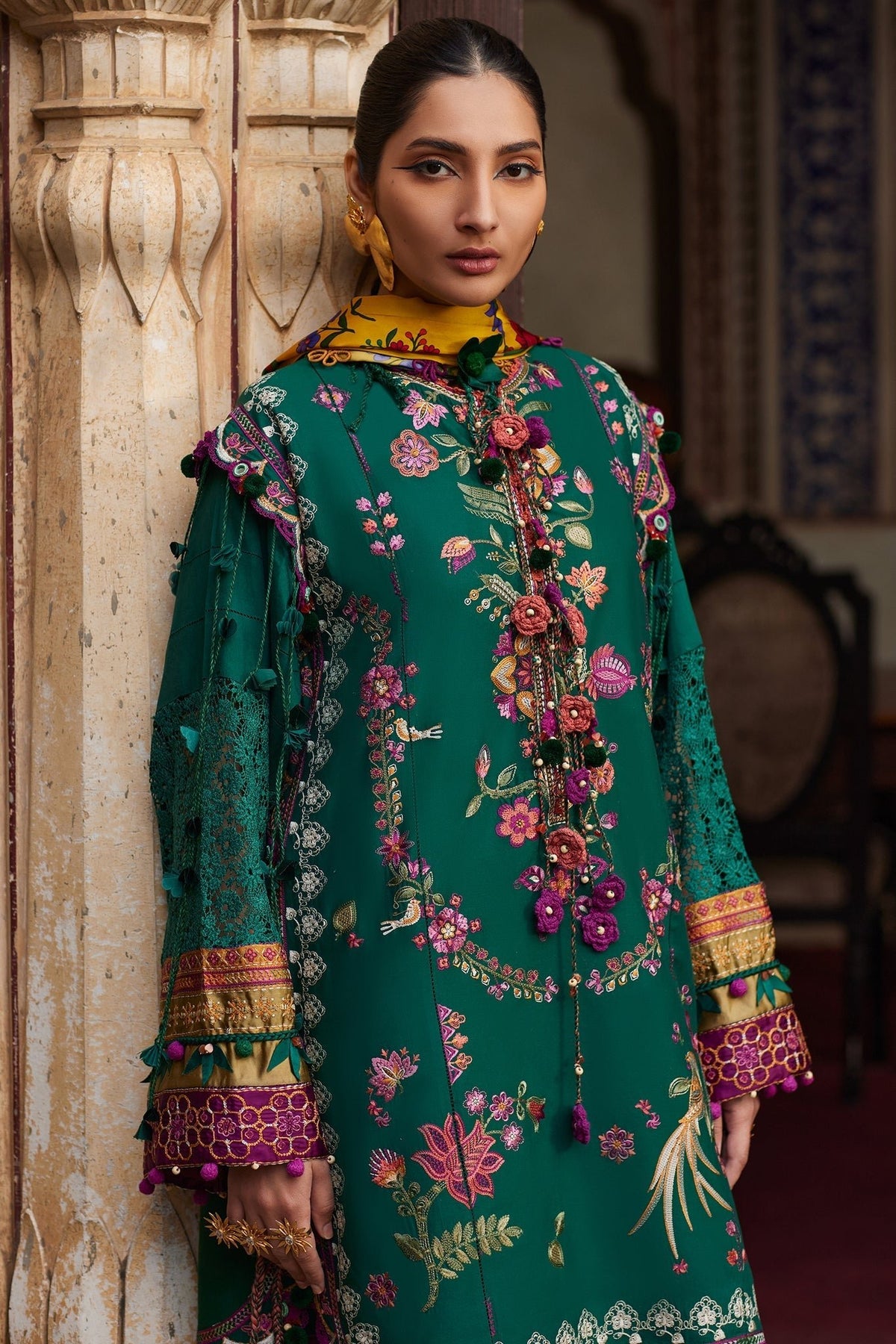Elan | Luxury Lawn 25 | AURIELLE (EL25-06 A)-Brand:Elan-Type:Ladies Clothes-Emerald Green-Lawn-House of Maryam- Buy in UK, USA