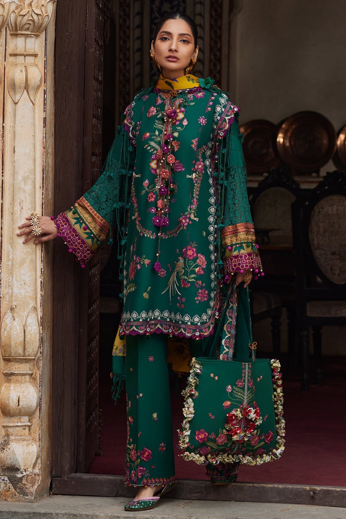 Elan | Luxury Lawn 25 | AURIELLE (EL25-06 A)-Brand:Elan-Type:Ladies Clothes-Emerald Green-Lawn-House of Maryam- Buy in UK, USA