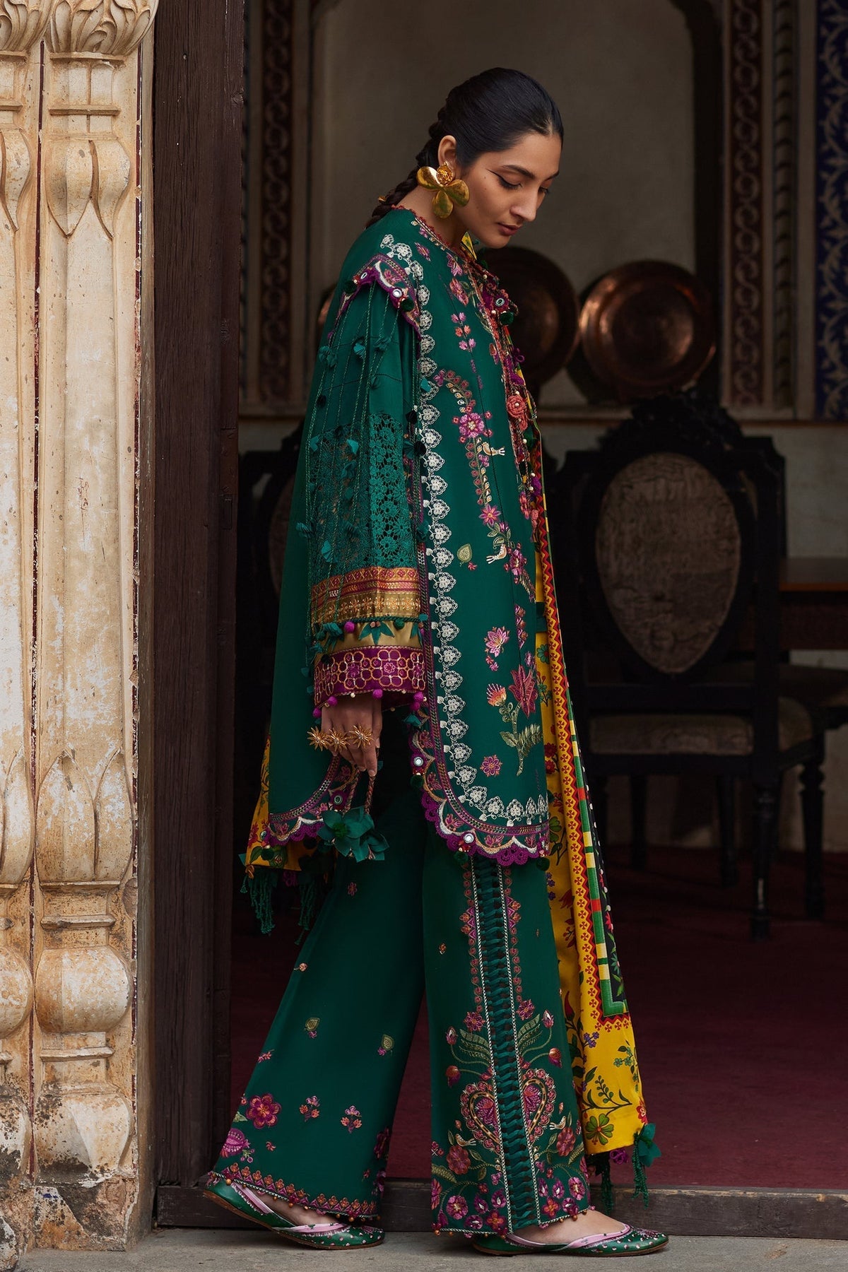 Elan | Luxury Lawn 25 | AURIELLE (EL25-06 A)-Brand:Elan-Type:Ladies Clothes-Emerald Green-Lawn-House of Maryam- Buy in UK, USA