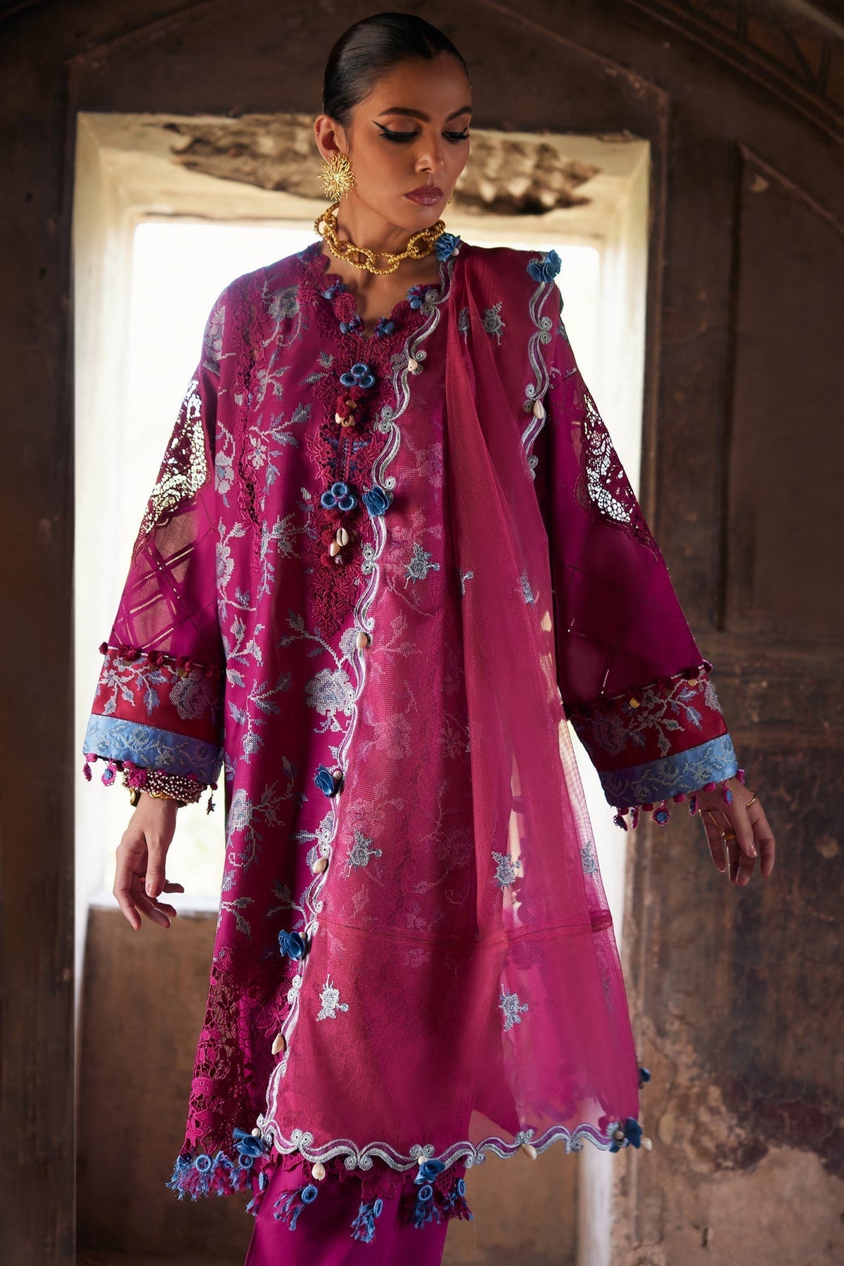 Elan | Luxury Lawn 25 | OPHELIA (EL25-10 B)-Brand:Elan-Type:Ladies Clothes-Magenta-Lawn-House of Maryam- Buy in UK, USA