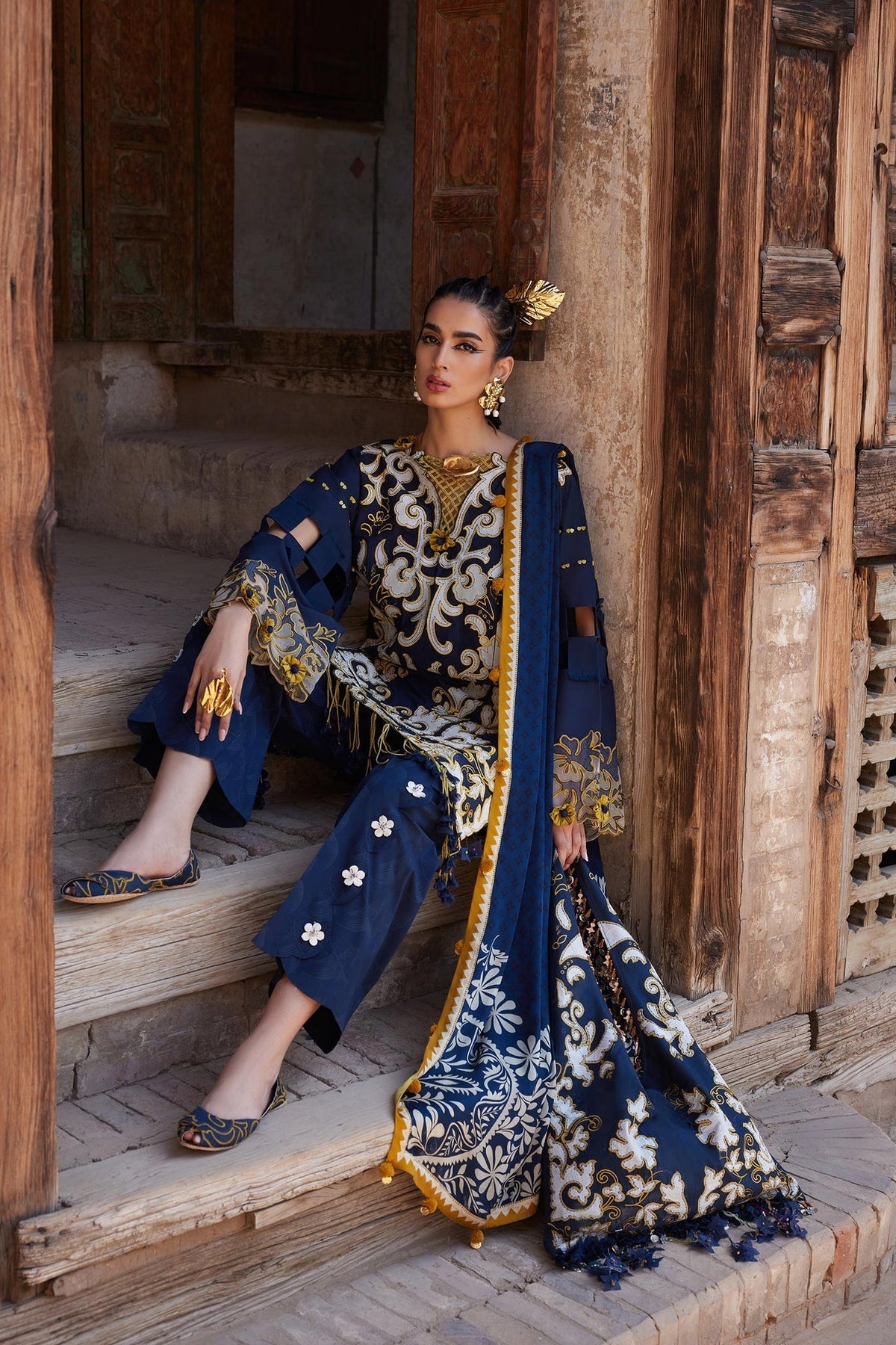 Elan | Luxury Lawn 25 | SOLENE (EL25-03 B)-Brand:Elan-Type:Ladies Clothes-Dark Blue-Lawn-House of Maryam- Buy in UK, USA