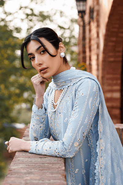 Emaan Adeel | Mirabelle Festive Luxury Lawn | BLISSFUL DREAMS-Brand:Emaan Adeel-Type:Ladies Clothes-Powder Blue-Lawn-House of Maryam- Buy in UK, USA