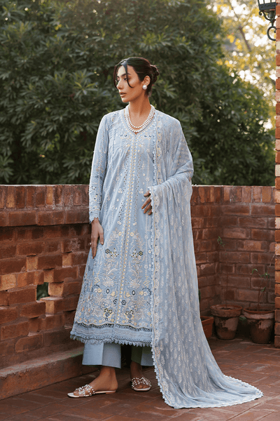 Emaan Adeel | Mirabelle Festive Luxury Lawn | BLISSFUL DREAMS-Brand:Emaan Adeel-Type:Ladies Clothes-Powder Blue-Lawn-House of Maryam- Buy in UK, USA