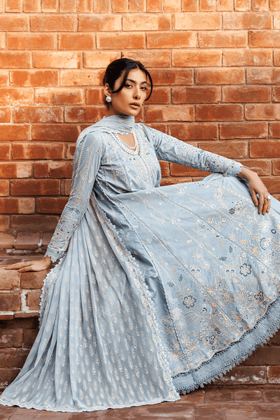 Emaan Adeel | Mirabelle Festive Luxury Lawn | BLISSFUL DREAMS-Brand:Emaan Adeel-Type:Ladies Clothes-Powder Blue-Lawn-House of Maryam- Buy in UK, USA