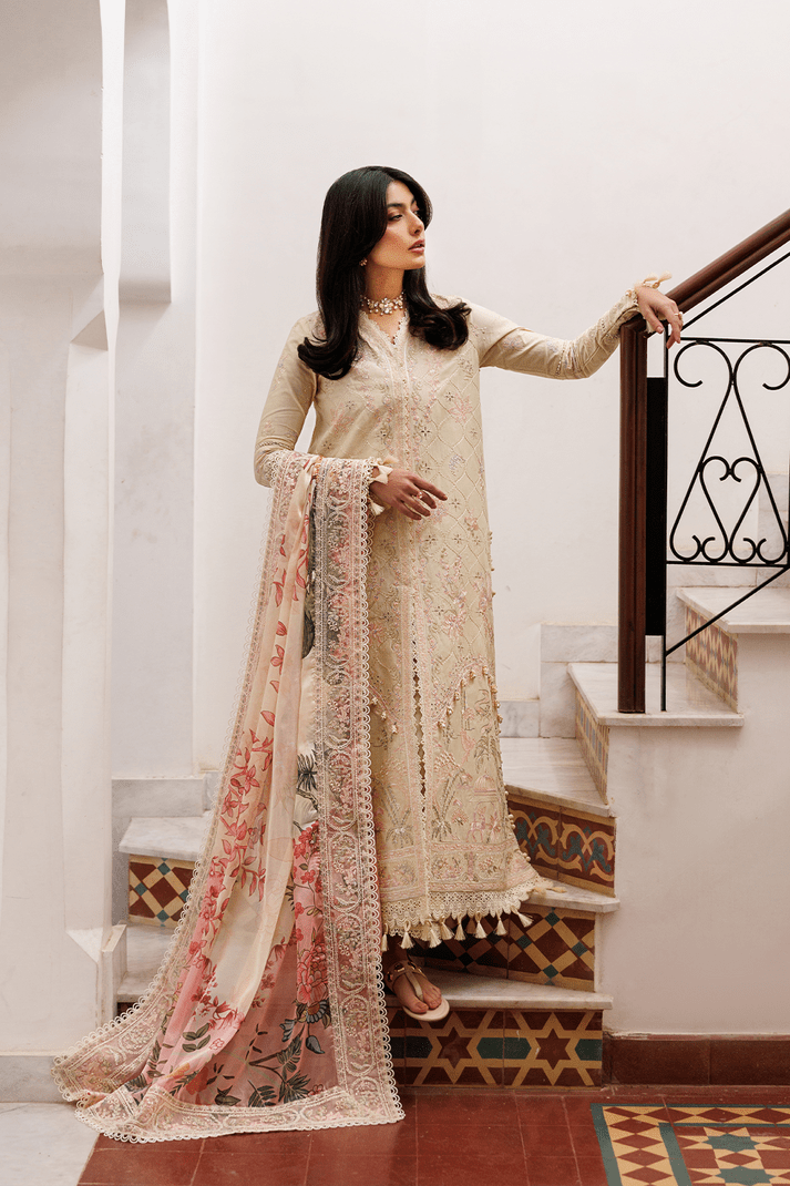 Emaan Adeel | Mirabelle Festive Luxury Lawn | BLOSSOM BLISS-Brand:Emaan Adeel-Type:Ladies Clothes-Ivory Gold-Lawn-House of Maryam- Buy in UK, USA