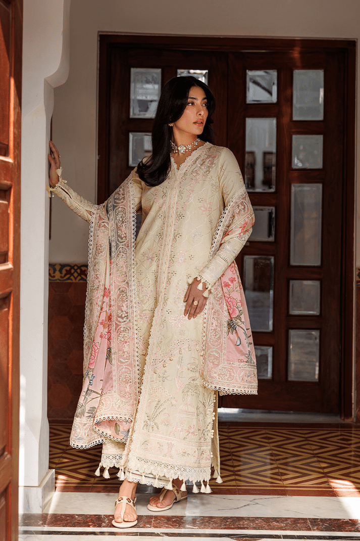 Emaan Adeel | Mirabelle Festive Luxury Lawn | BLOSSOM BLISS-Brand:Emaan Adeel-Type:Ladies Clothes-Ivory Gold-Lawn-House of Maryam- Buy in UK, USA