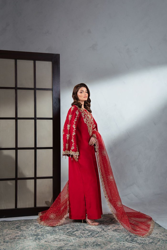 Enzo | Soiree Luxury Pret | Belle Époque-Brand:Enzo-Type:Ladies Clothes-Red-Pure Silk-House of Maryam- Buy in UK, USA