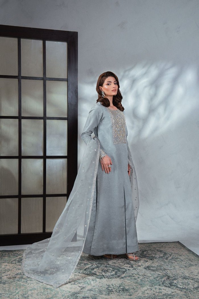 Enzo | Soiree Luxury Pret | Bleutée-Brand:Enzo-Type:Ladies Clothes-Light Blue Gray - House of Maryam- Buy in UK, USA