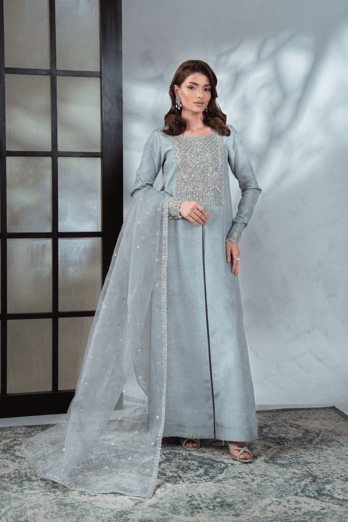 Enzo | Soiree Luxury Pret | Bleutée-Brand:Enzo-Type:Ladies Clothes-Light Blue Gray - House of Maryam- Buy in UK, USA