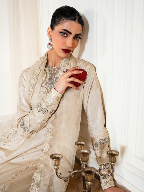 Epoque | Elysia Luxury Pret | Haze-Brand:Epoque-Type:Ladies Clothes-Off White-Tassel Silk-House of Maryam- Buy in UK, USA