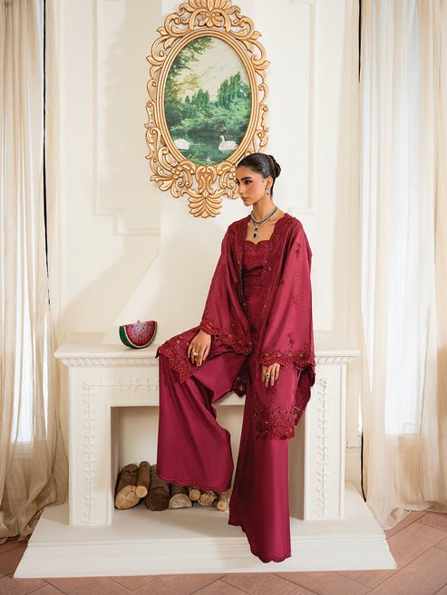 Epoque | Elysia Luxury Pret | Ruby-Brand:Epoque-Type:Ladies Clothes-Maroon-Tassel Silk-House of Maryam- Buy in UK, USA