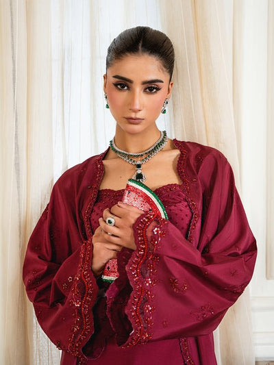 Epoque | Elysia Luxury Pret | Ruby-Brand:Epoque-Type:Ladies Clothes-Maroon-Tassel Silk-House of Maryam- Buy in UK, USA