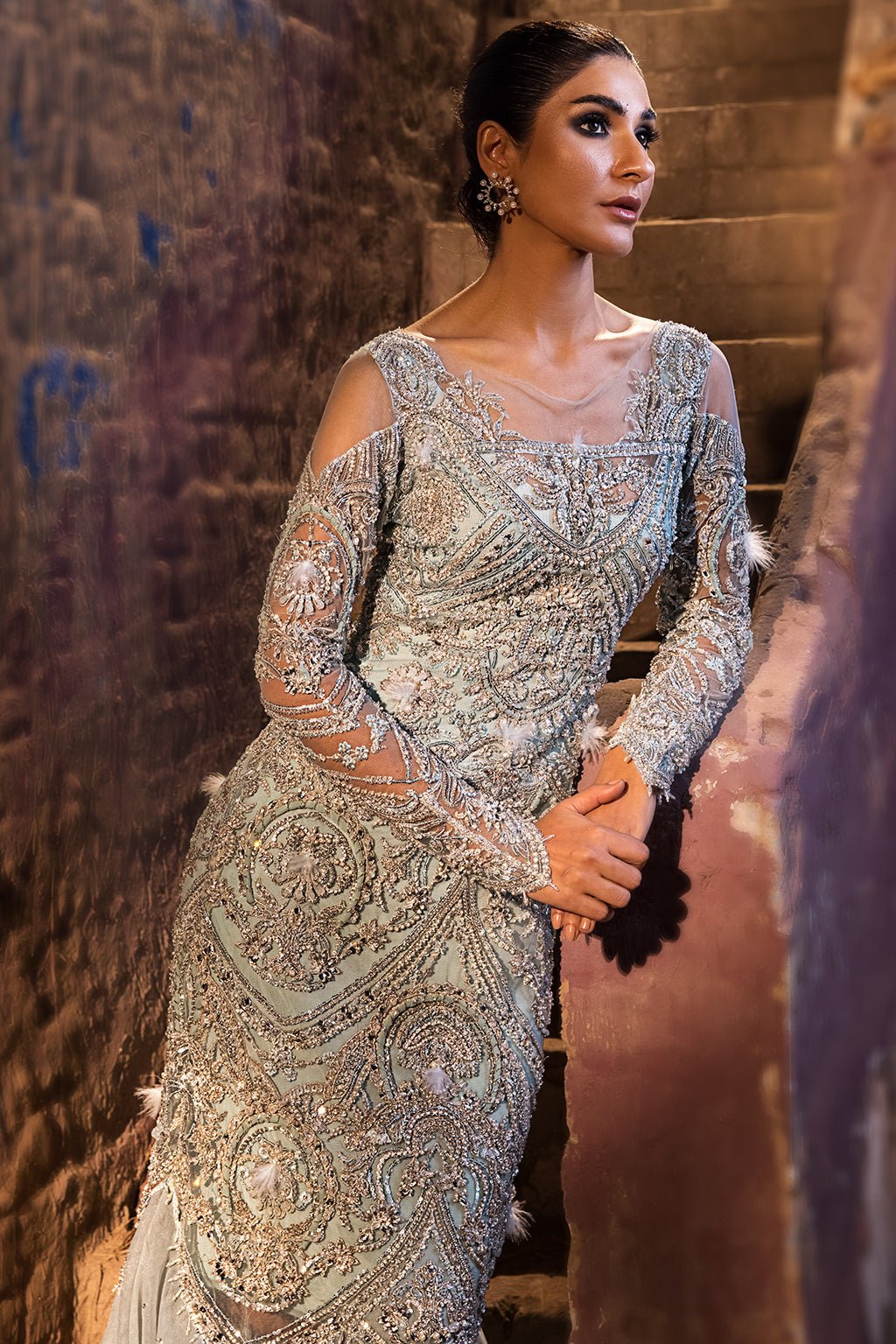 Erum Khan | Dazzling Fiesta | Lustrous-Brand:Erum Khan-Type:Ladies Clothes-Ice Blue - House of Maryam- Buy in UK, USA