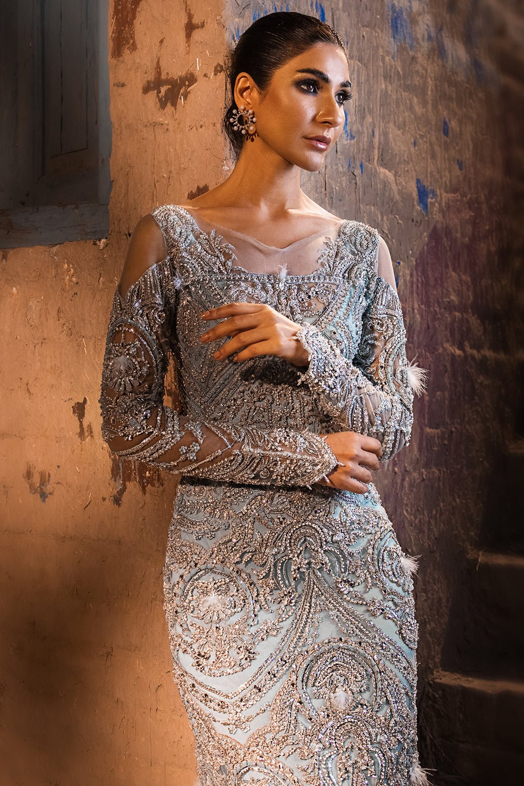 Erum Khan | Dazzling Fiesta | Lustrous-Brand:Erum Khan-Type:Ladies Clothes-Ice Blue - House of Maryam- Buy in UK, USA