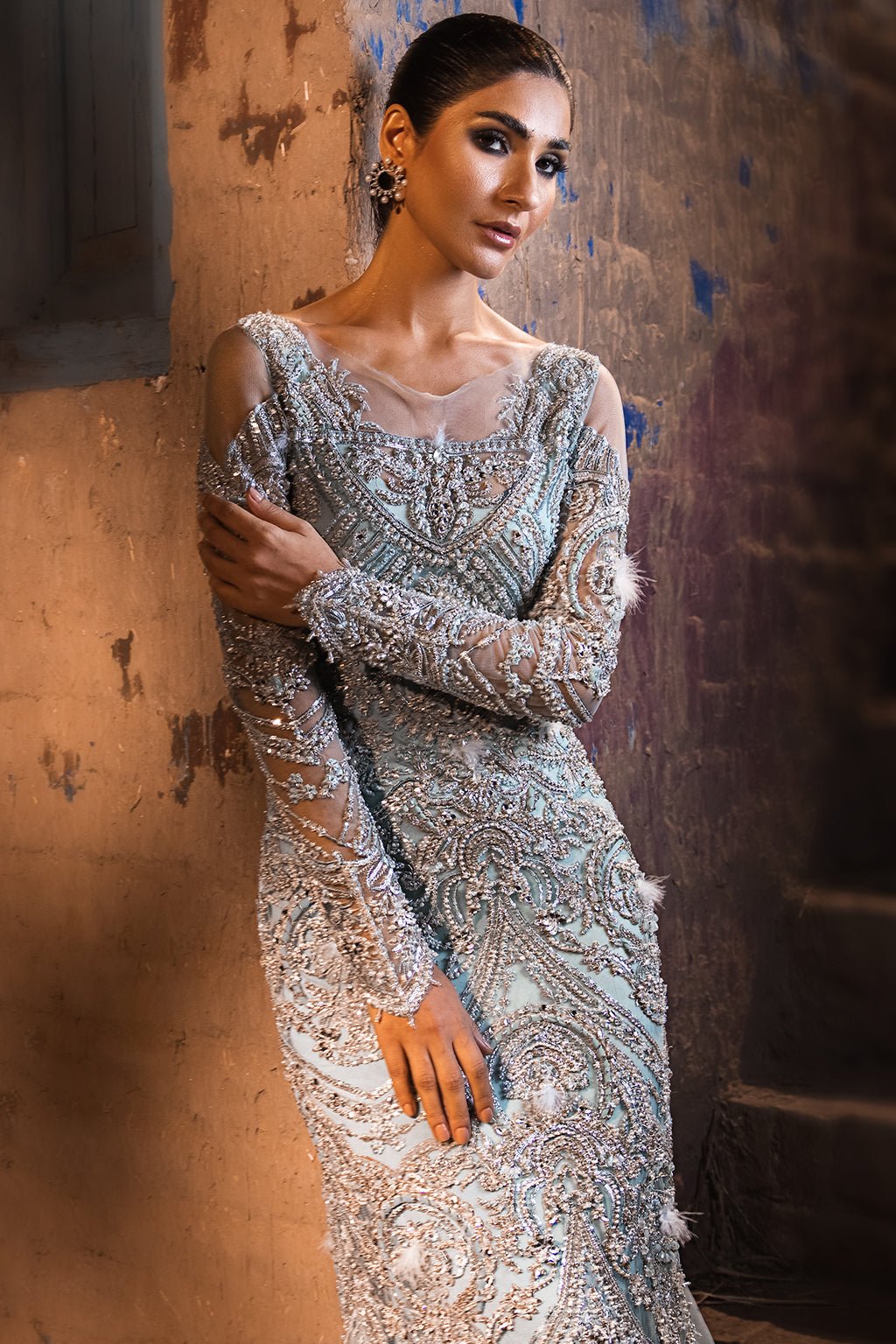 Erum Khan | Dazzling Fiesta | Lustrous-Brand:Erum Khan-Type:Ladies Clothes-Ice Blue - House of Maryam- Buy in UK, USA