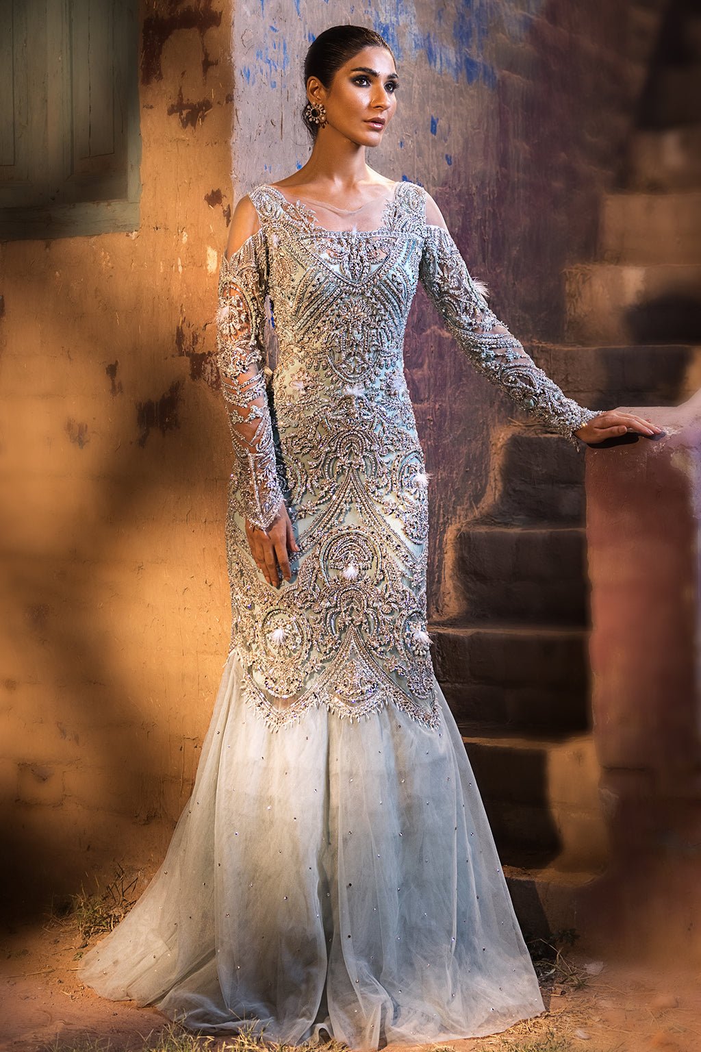 Erum Khan | Dazzling Fiesta | Lustrous-Brand:Erum Khan-Type:Ladies Clothes-Ice Blue - House of Maryam- Buy in UK, USA