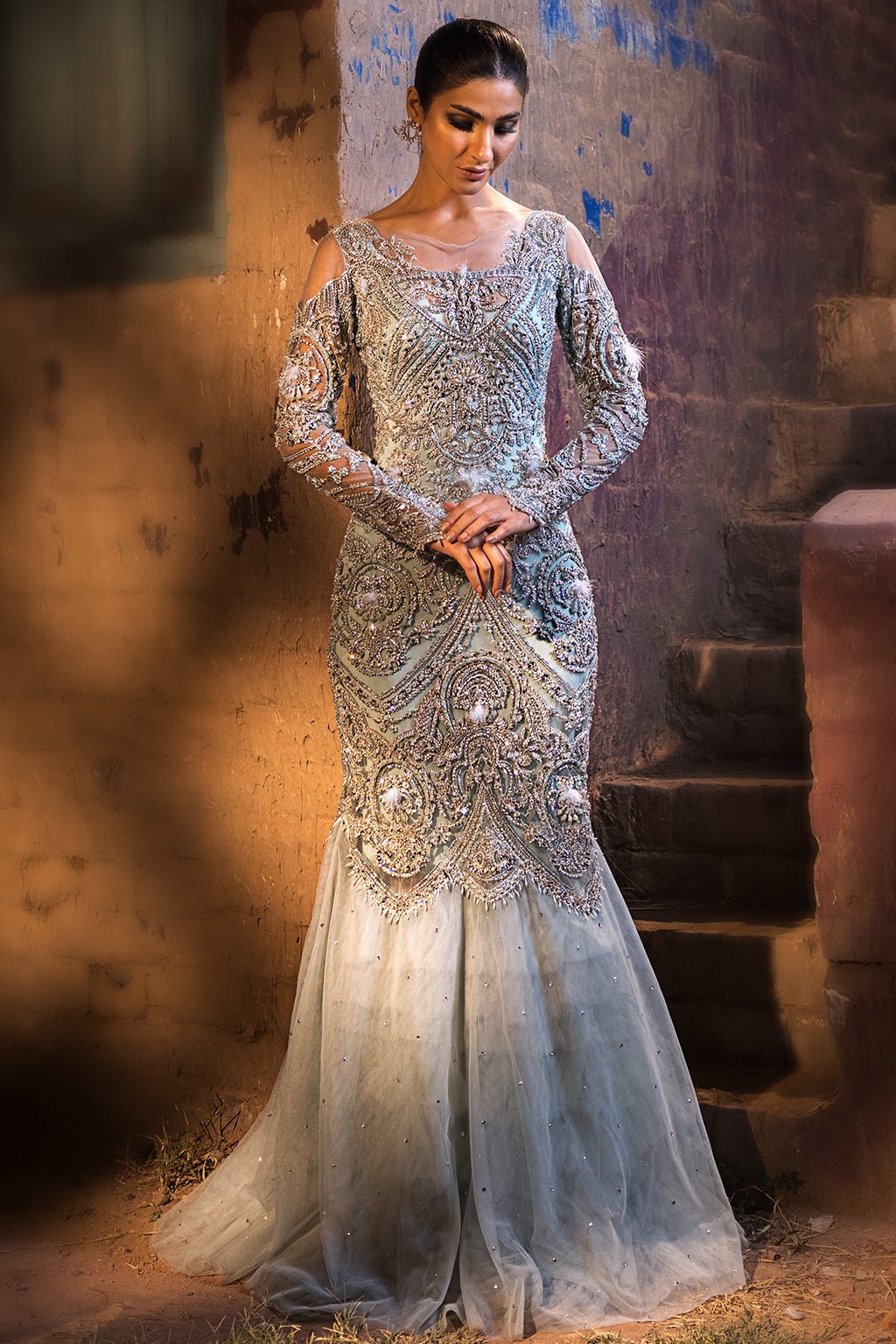 Erum Khan | Dazzling Fiesta | Lustrous-Brand:Erum Khan-Type:Ladies Clothes-Ice Blue - House of Maryam- Buy in UK, USA
