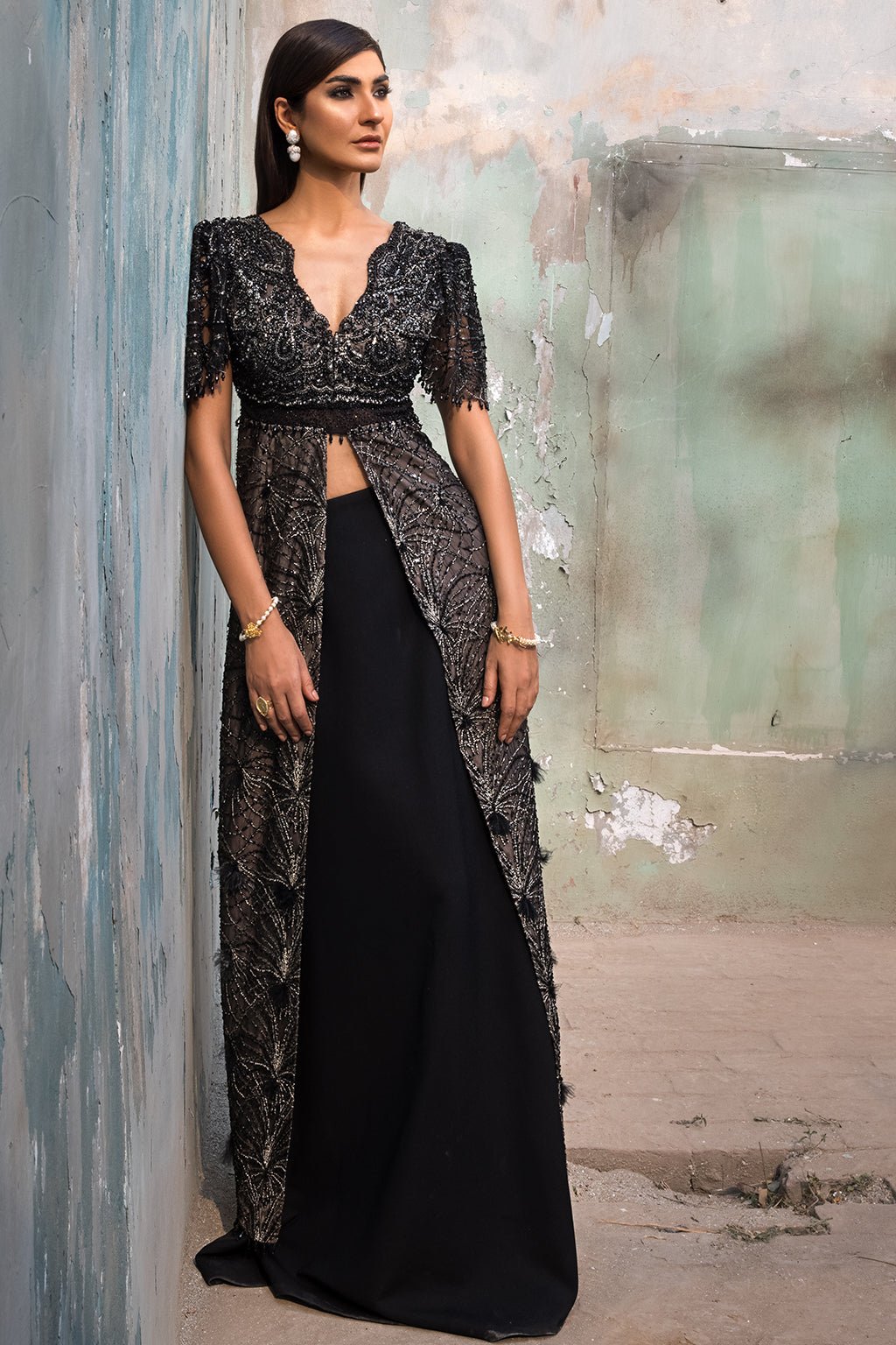 Erum Khan | Dazzling Fiesta | Raven-Brand:Erum Khan-Type:Ladies Clothes-Black-Embroidered Net-House of Maryam- Buy in UK, USA