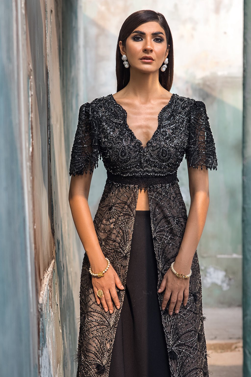 Erum Khan | Dazzling Fiesta | Raven-Brand:Erum Khan-Type:Ladies Clothes-Black-Embroidered Net-House of Maryam- Buy in UK, USA