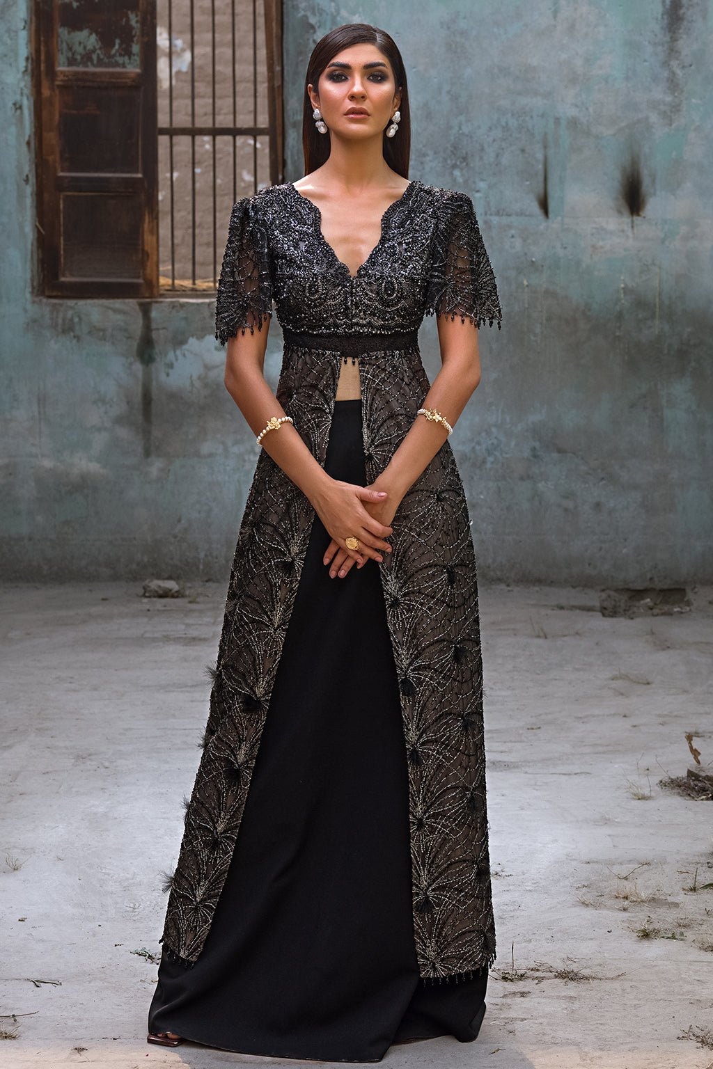 Erum Khan | Dazzling Fiesta | Raven-Brand:Erum Khan-Type:Ladies Clothes-Black-Embroidered Net-House of Maryam- Buy in UK, USA