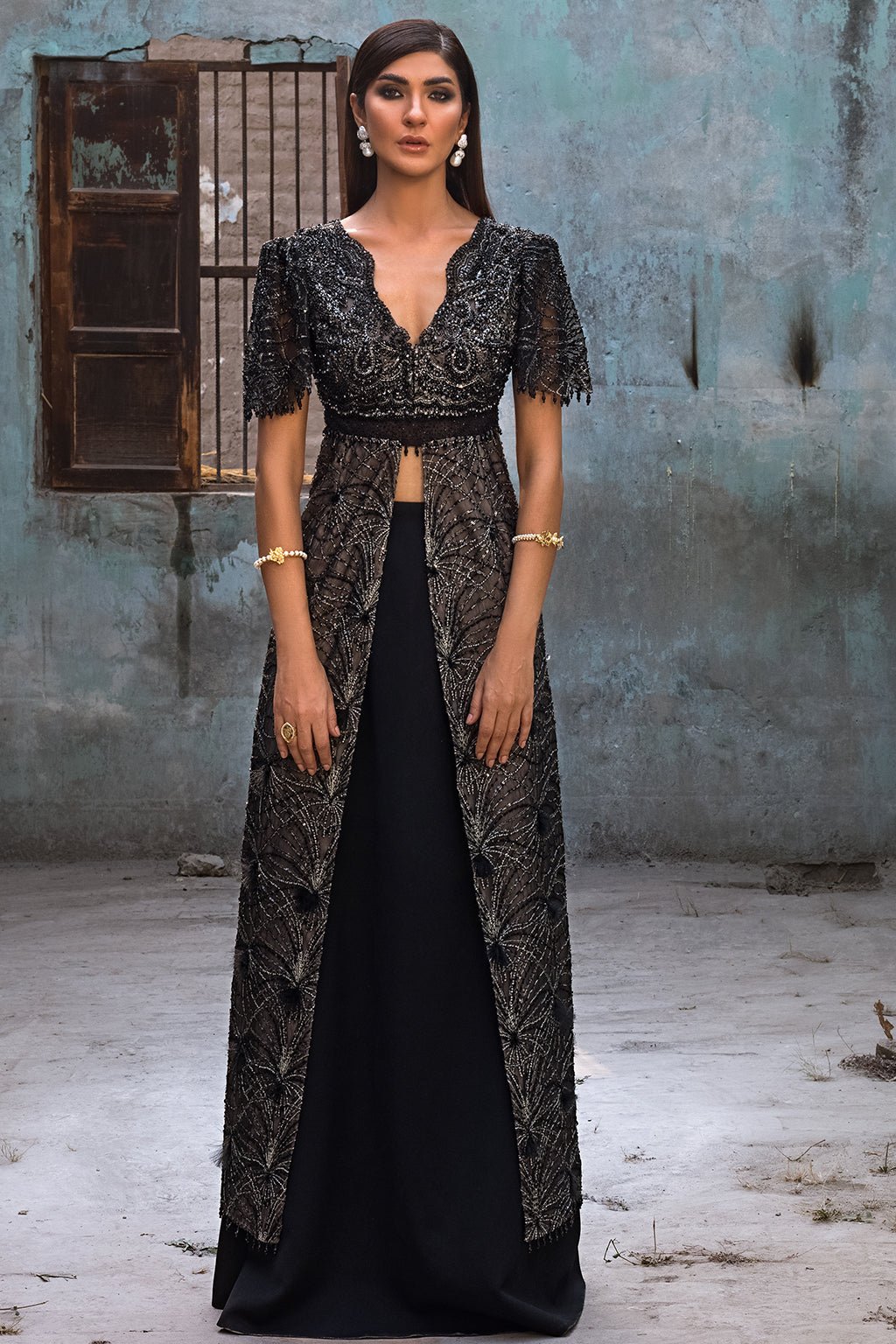 Erum Khan | Dazzling Fiesta | Raven-Brand:Erum Khan-Type:Ladies Clothes-Black-Embroidered Net-House of Maryam- Buy in UK, USA