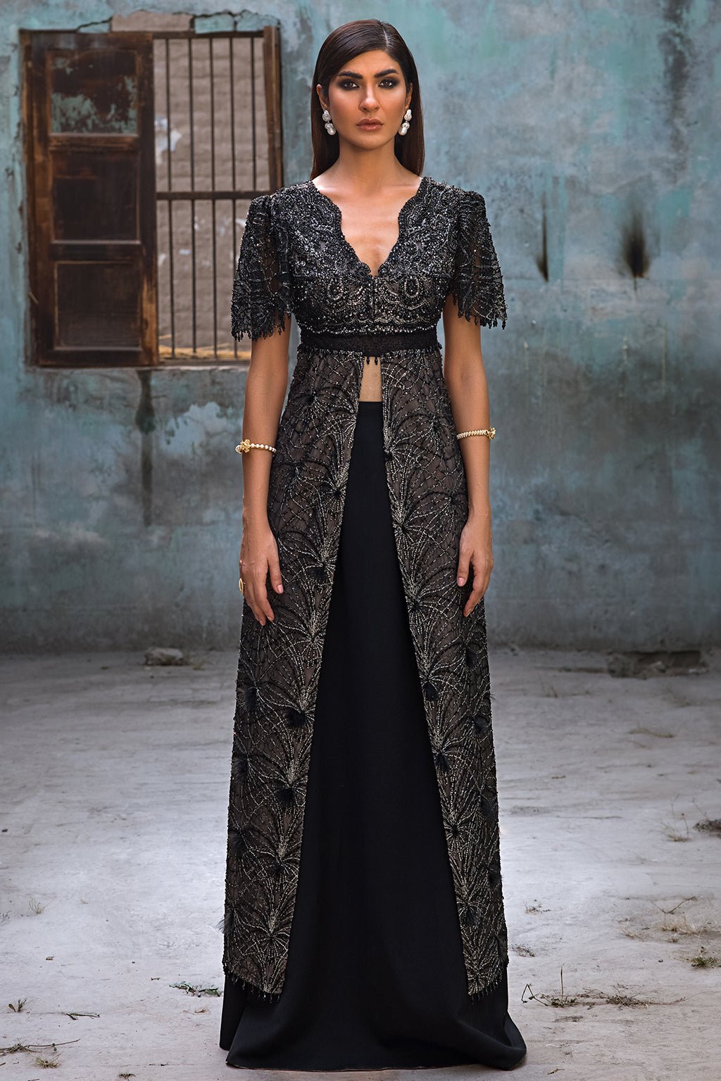 Erum Khan | Dazzling Fiesta | Raven-Brand:Erum Khan-Type:Ladies Clothes-Black-Embroidered Net-House of Maryam- Buy in UK, USA