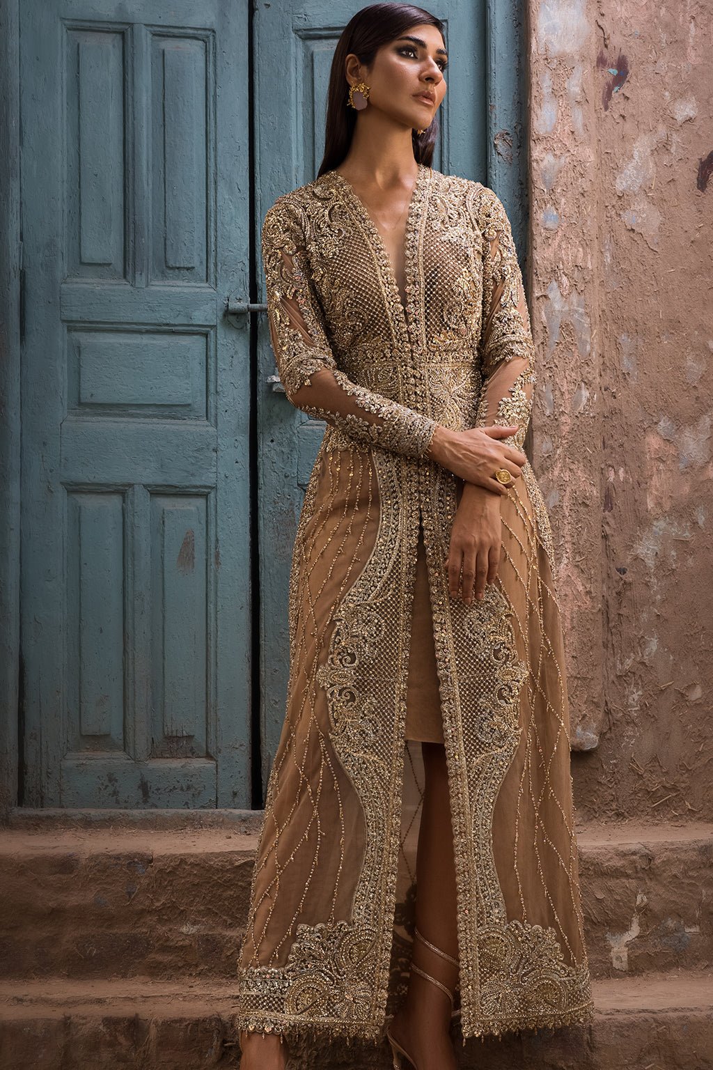 Erum Khan | Dazzling Fiesta | Rosewood-Brand:Erum Khan-Type:Ladies Clothes-Majestic Gold - House of Maryam- Buy in UK, USA