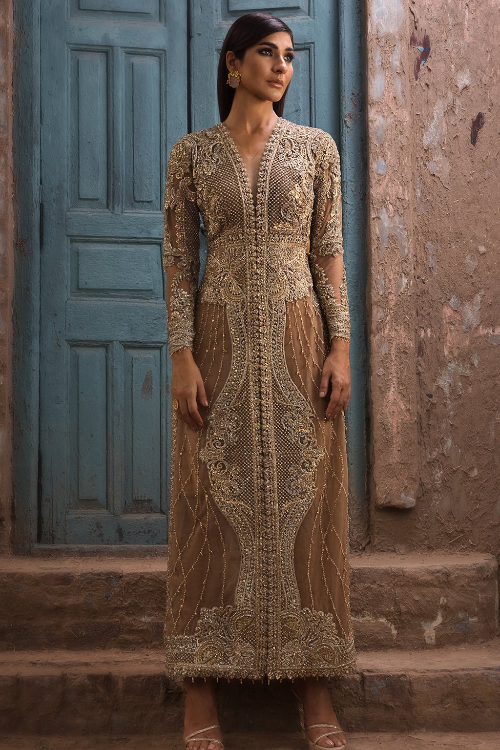 Erum Khan | Dazzling Fiesta | Rosewood-Brand:Erum Khan-Type:Ladies Clothes-Majestic Gold - House of Maryam- Buy in UK, USA