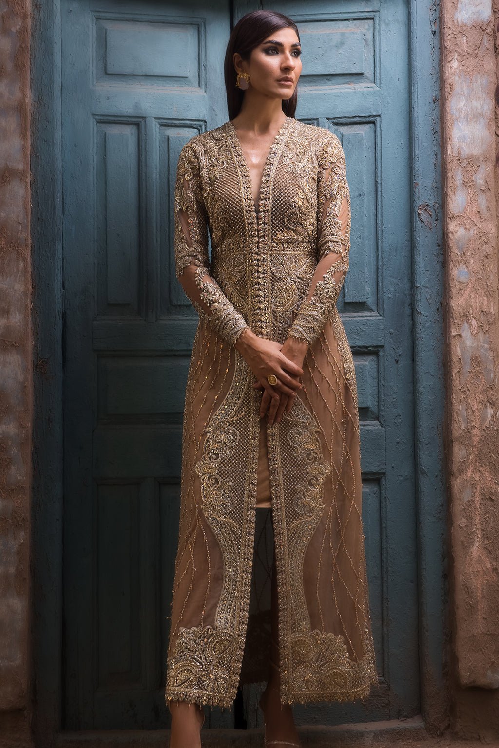 Erum Khan | Dazzling Fiesta | Rosewood-Brand:Erum Khan-Type:Ladies Clothes-Majestic Gold - House of Maryam- Buy in UK, USA