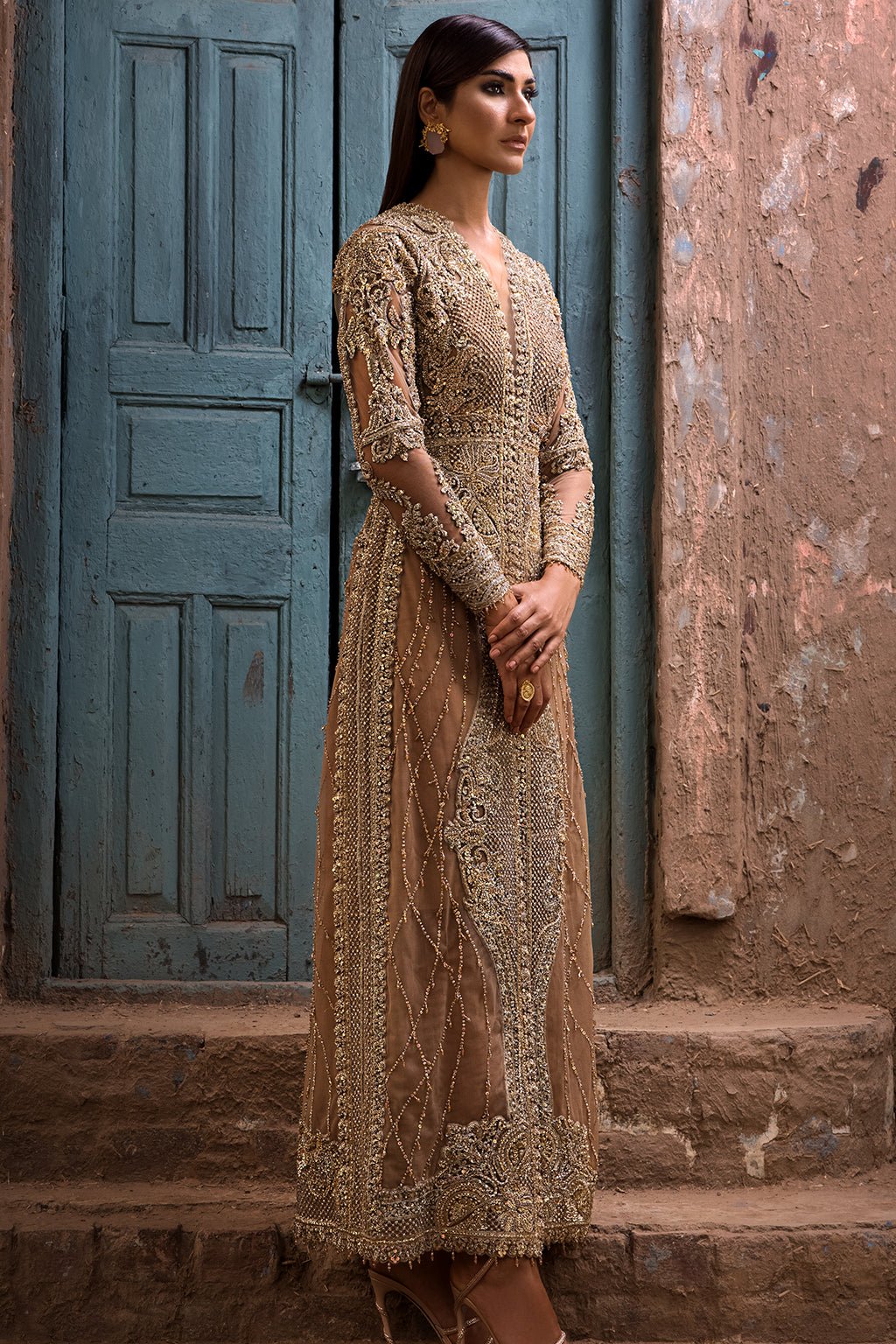 Erum Khan | Dazzling Fiesta | Rosewood-Brand:Erum Khan-Type:Ladies Clothes-Majestic Gold - House of Maryam- Buy in UK, USA