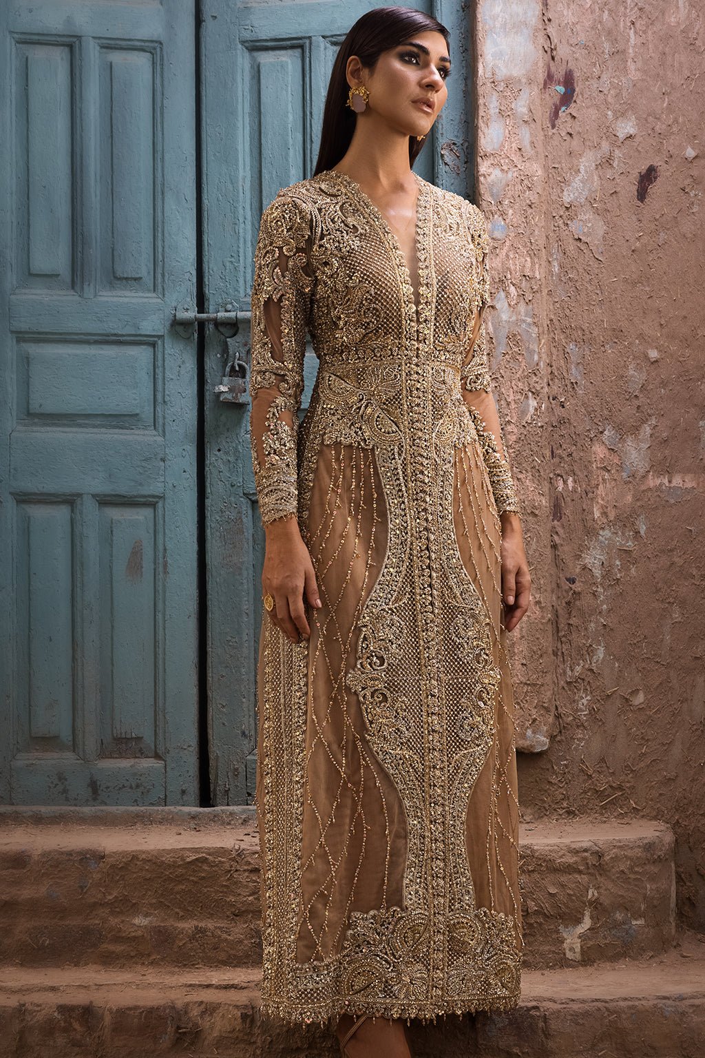 Erum Khan | Dazzling Fiesta | Rosewood-Brand:Erum Khan-Type:Ladies Clothes-Majestic Gold - House of Maryam- Buy in UK, USA
