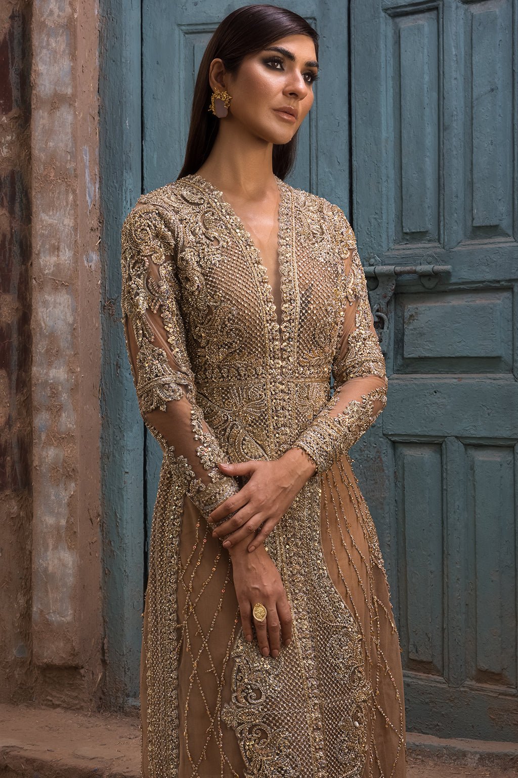 Erum Khan | Dazzling Fiesta | Rosewood-Brand:Erum Khan-Type:Ladies Clothes-Majestic Gold - House of Maryam- Buy in UK, USA