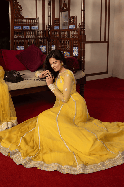 Erum Khan | Intezar e Eid | Roshni-Brand:Erum Khan-Type:Ladies Clothes-Yellow-Chiffon-House of Maryam- Buy in UK, USA