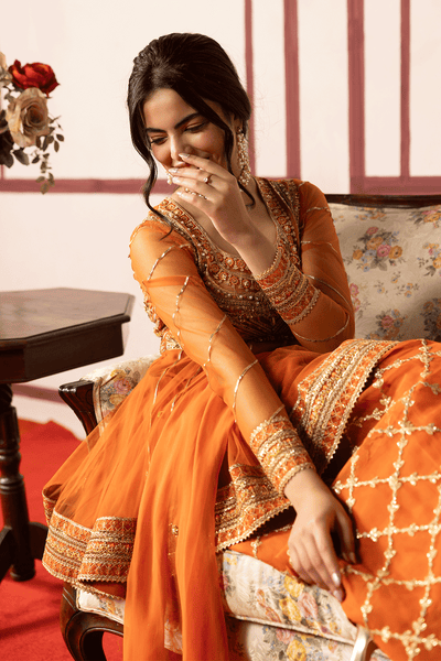Erum Khan | Intezar e Eid | Rung-e-Miras-Brand:Erum Khan-Type:Ladies Clothes-Orange tangerine-Organza-House of Maryam- Buy in UK, USA