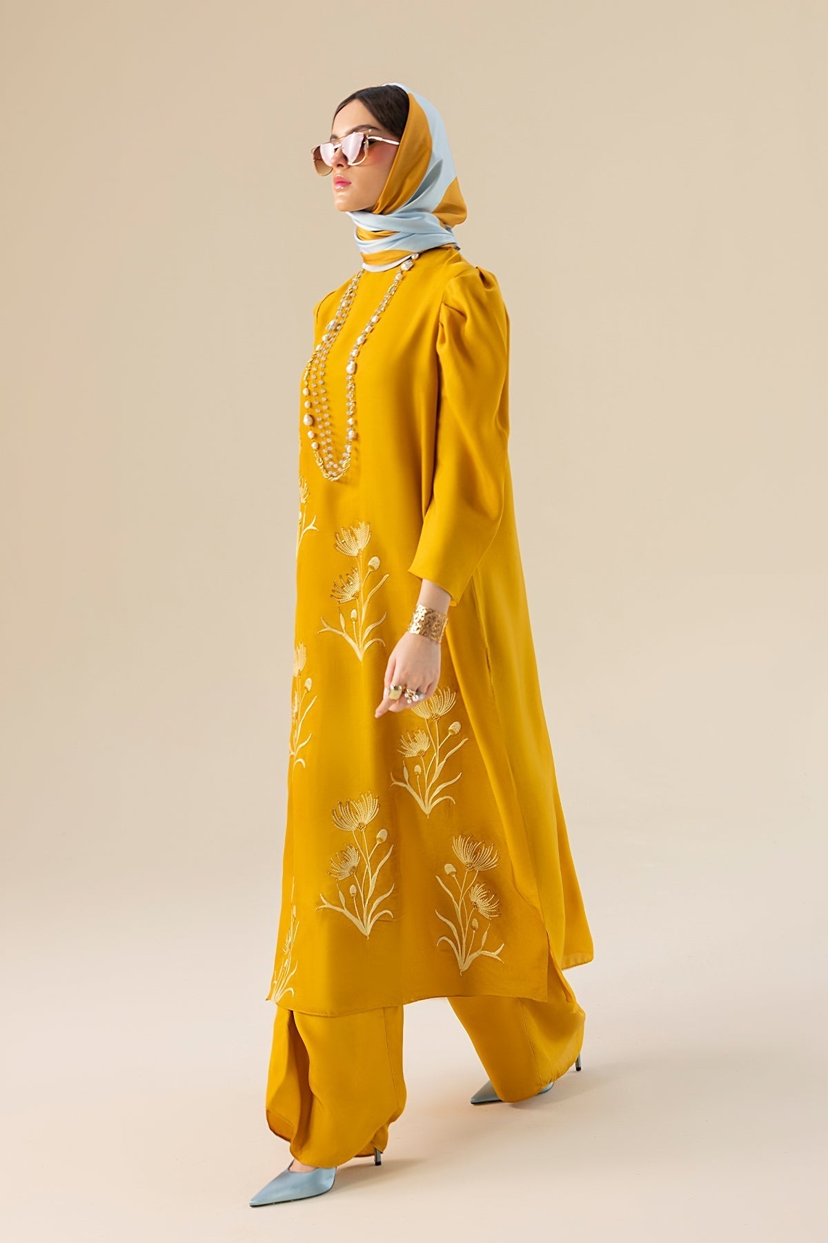 Erum Khan | Lillia Summer Edit | Honey Haze-Brand:Erum Khan-Type:Ladies Clothes-Gold-Charmeuse Silk-House of Maryam- Buy in UK, USA