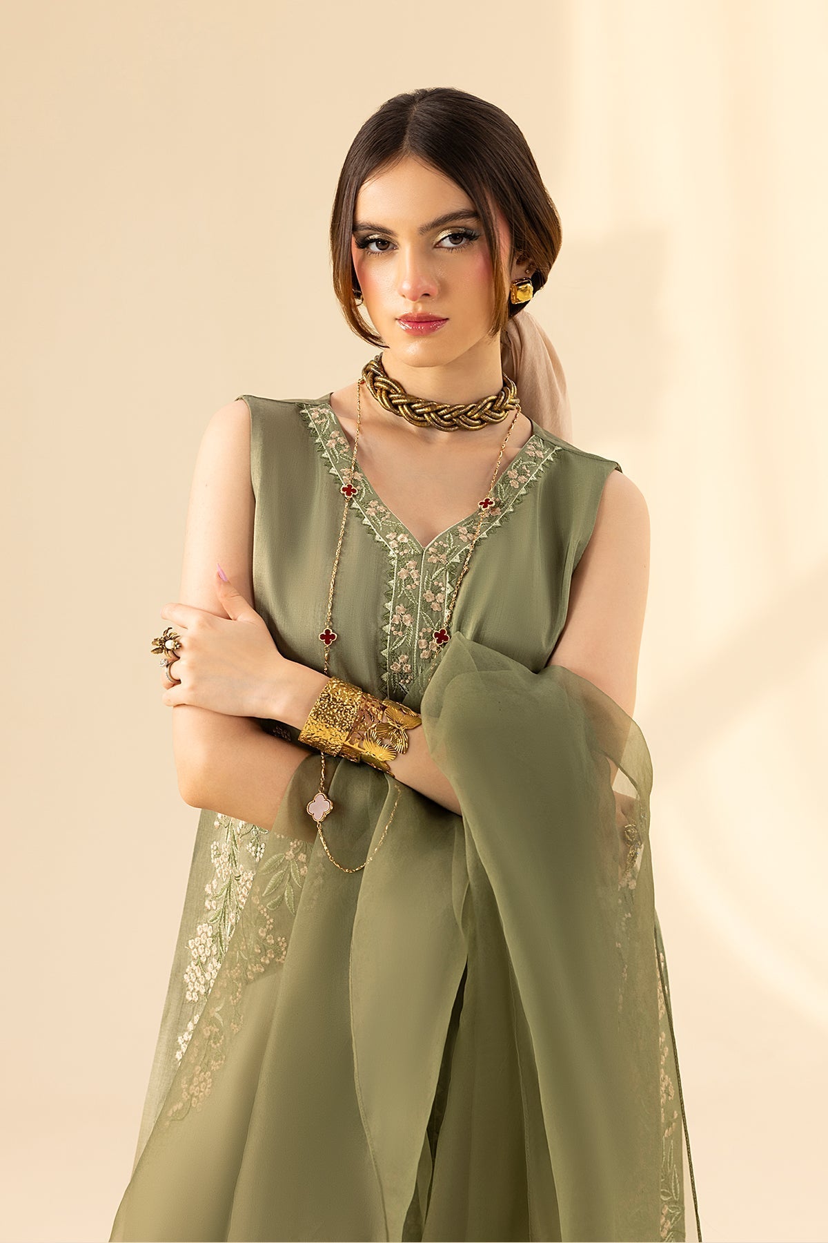 Erum Khan | Lillia Summer Edit | Olive Bloom-Brand:Erum Khan-Type:Ladies Clothes-Greenish Grey-Korean Silk-House of Maryam- Buy in UK, USA