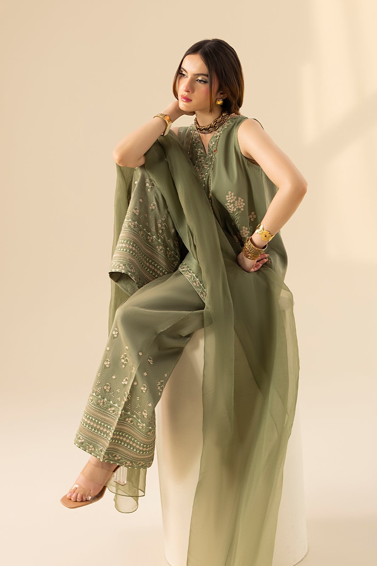 Erum Khan | Lillia Summer Edit | Olive Bloom-Brand:Erum Khan-Type:Ladies Clothes-Greenish Grey-Korean Silk-House of Maryam- Buy in UK, USA