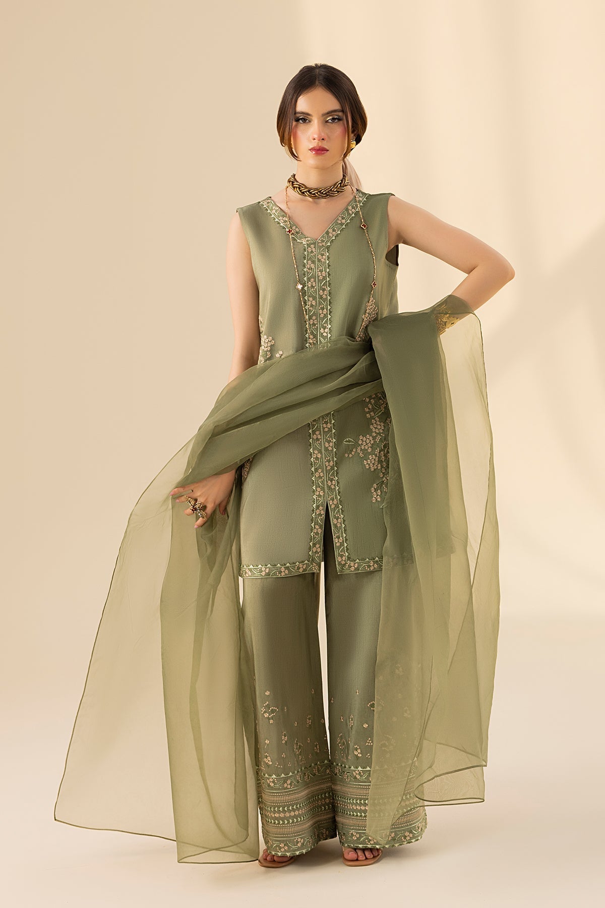 Erum Khan | Lillia Summer Edit | Olive Bloom-Brand:Erum Khan-Type:Ladies Clothes-Greenish Grey-Korean Silk-House of Maryam- Buy in UK, USA