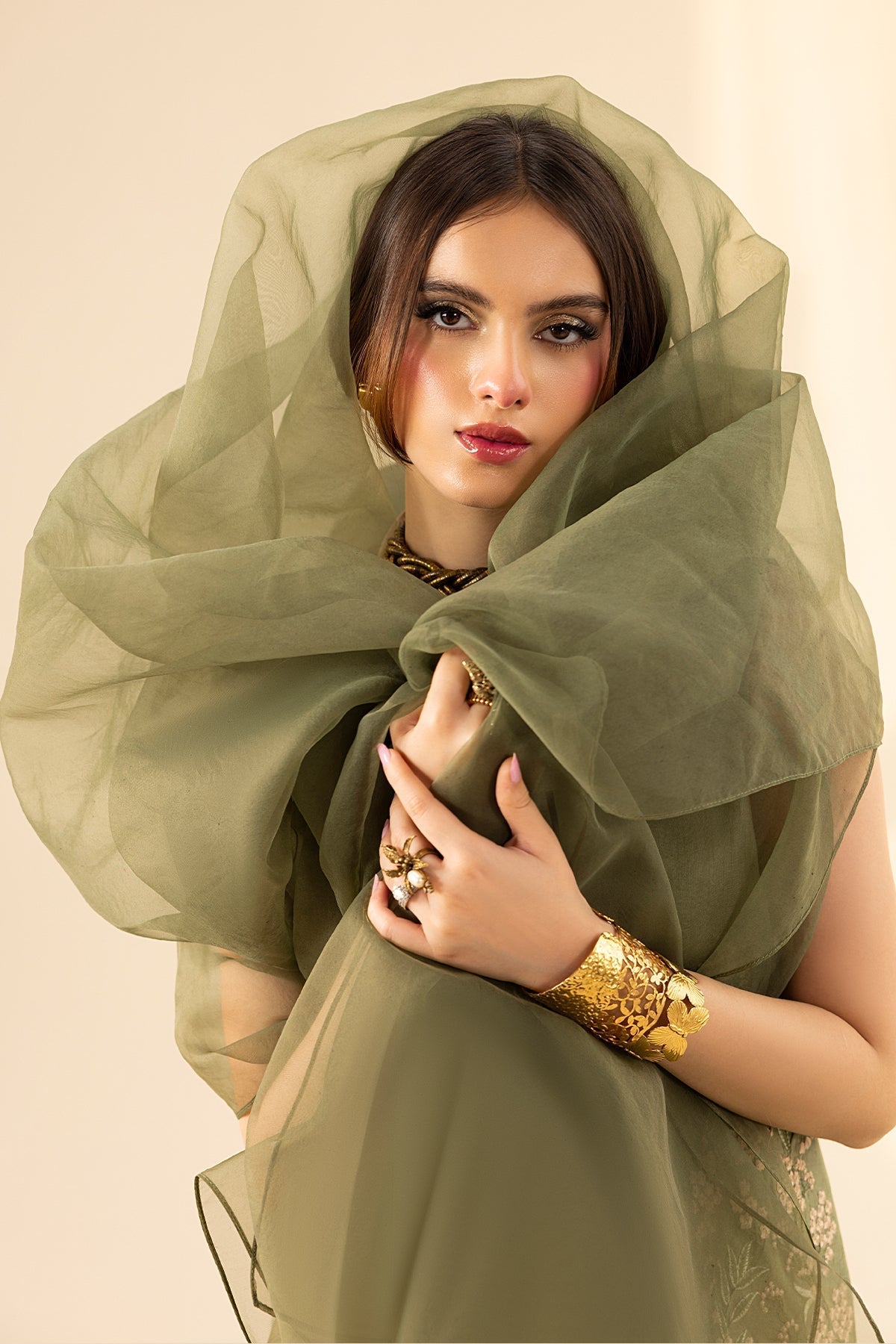 Erum Khan | Lillia Summer Edit | Olive Bloom-Brand:Erum Khan-Type:Ladies Clothes-Greenish Grey-Korean Silk-House of Maryam- Buy in UK, USA
