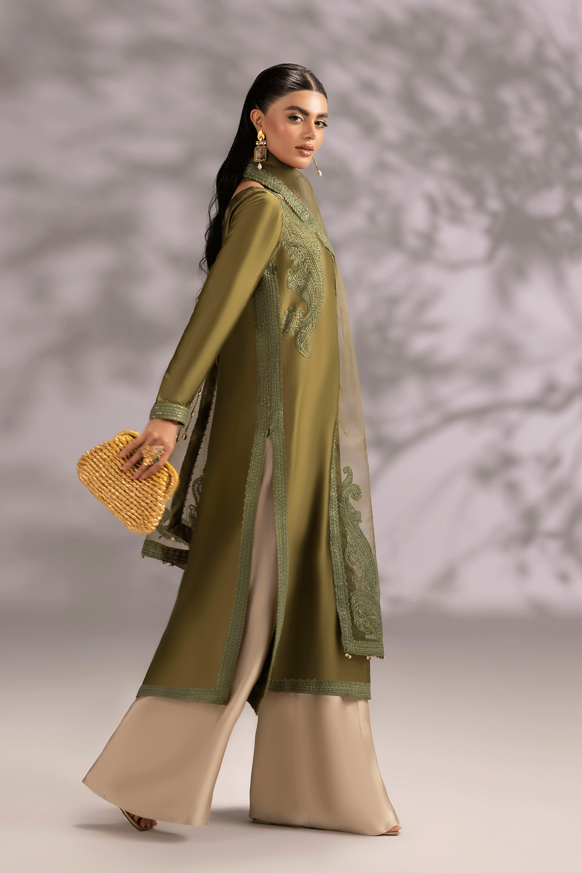 Erum Khan | Summer Whisper | Icon Lady-Brand:Erum Khan-Type:Ladies Clothes-Olive Green-Tissue Silk-House of Maryam- Buy in UK, USA