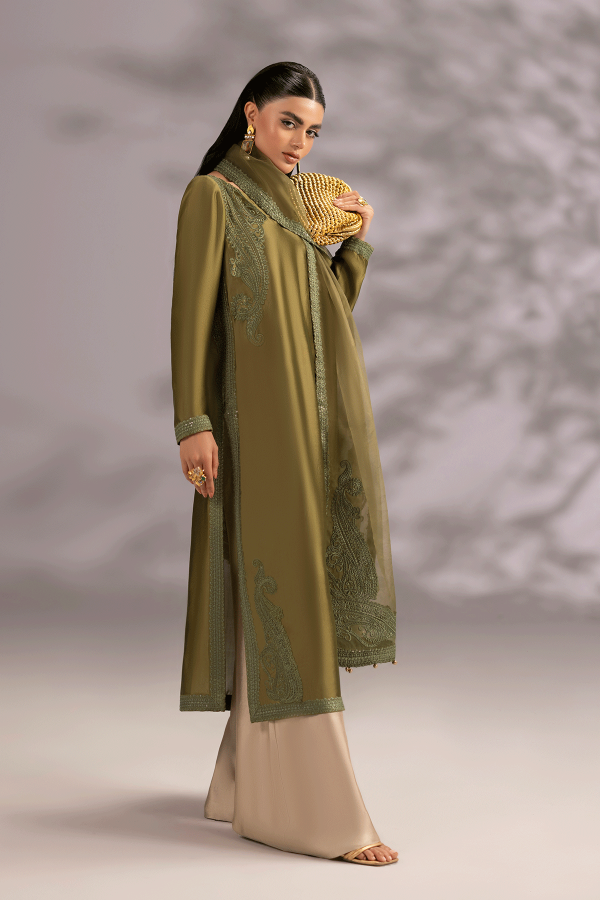 Erum Khan | Summer Whisper | Icon Lady-Brand:Erum Khan-Type:Ladies Clothes-Olive Green-Tissue Silk-House of Maryam- Buy in UK, USA