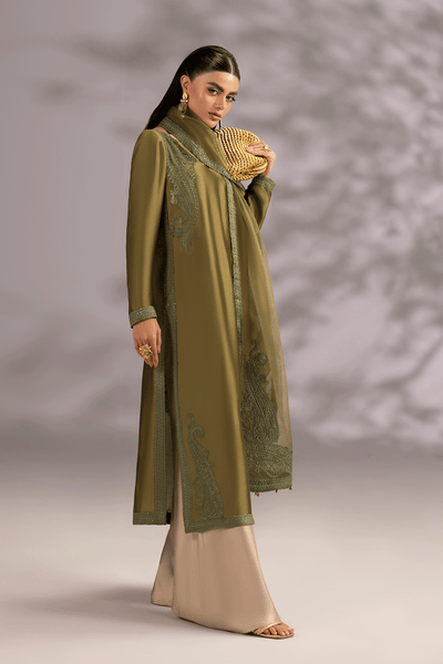 Erum Khan | Summer Whisper | Icon Lady-Brand:Erum Khan-Type:Ladies Clothes-Olive Green-Tissue Silk-House of Maryam- Buy in UK, USA