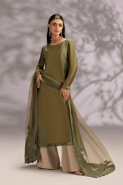 Erum Khan | Summer Whisper | Icon Lady-Brand:Erum Khan-Type:Ladies Clothes-Olive Green-Tissue Silk-House of Maryam- Buy in UK, USA