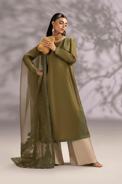 Erum Khan | Summer Whisper | Icon Lady-Brand:Erum Khan-Type:Ladies Clothes-Olive Green-Tissue Silk-House of Maryam- Buy in UK, USA
