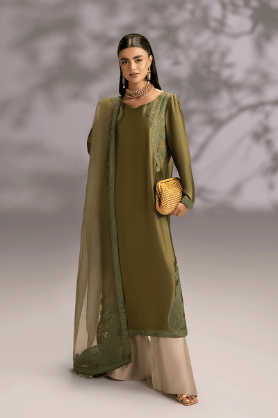 Erum Khan | Summer Whisper | Icon Lady-Brand:Erum Khan-Type:Ladies Clothes-Olive Green-Tissue Silk-House of Maryam- Buy in UK, USA