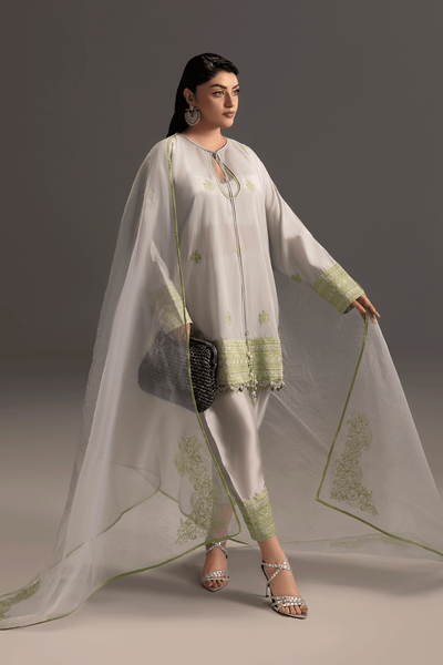 Erum Khan | Summer Whisper | Power Queen-Brand:Erum Khan-Type:Ladies Clothes-Light Gray-Tissue Silk-House of Maryam- Buy in UK, USA