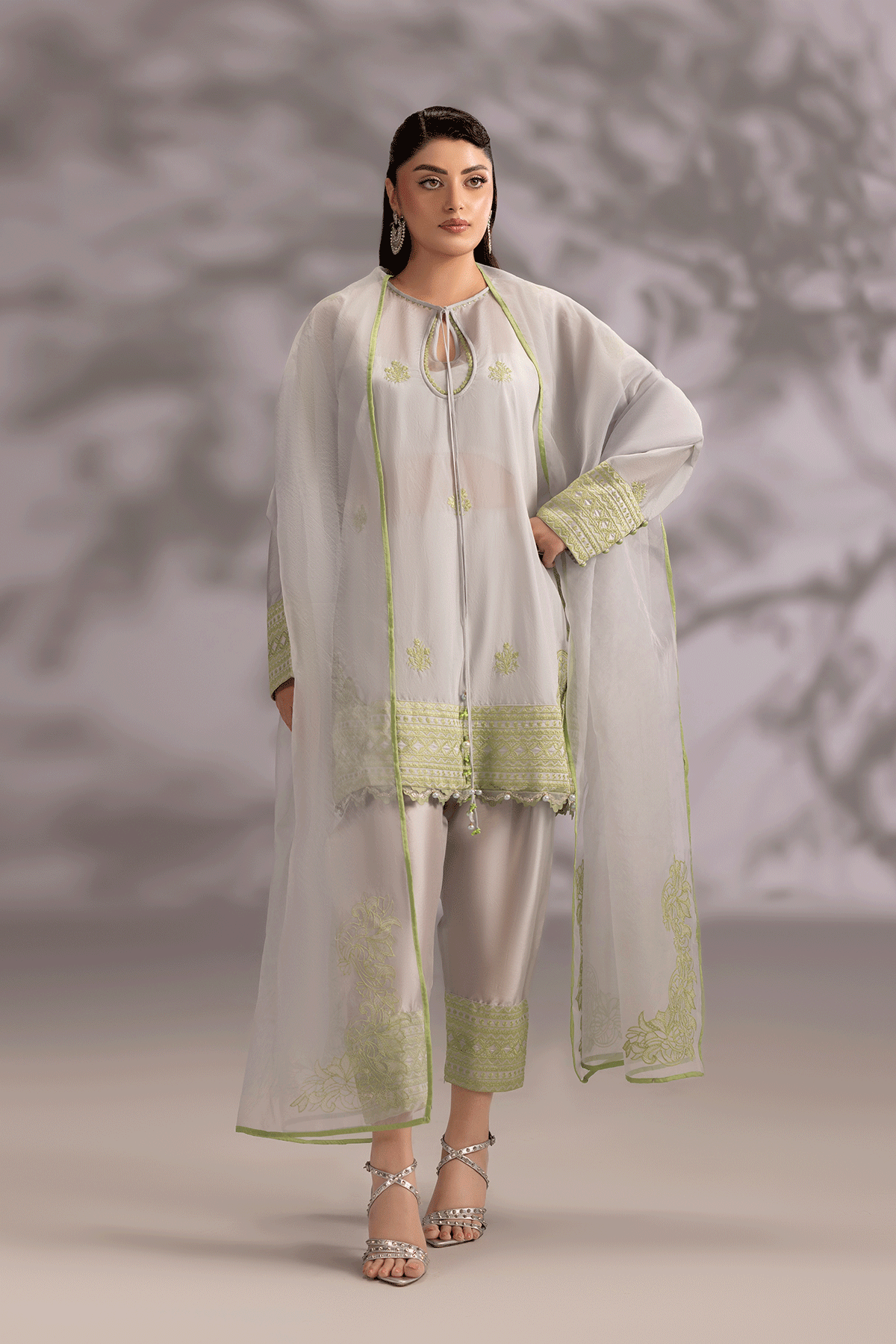 Erum Khan | Summer Whisper | Power Queen-Brand:Erum Khan-Type:Ladies Clothes-Light Gray-Tissue Silk-House of Maryam- Buy in UK, USA